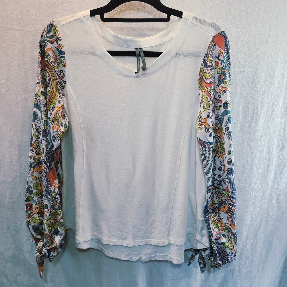 Anthropologie SZ Small Madebelle Peacock T-Shirt Long Sleeves Tied Cuffs